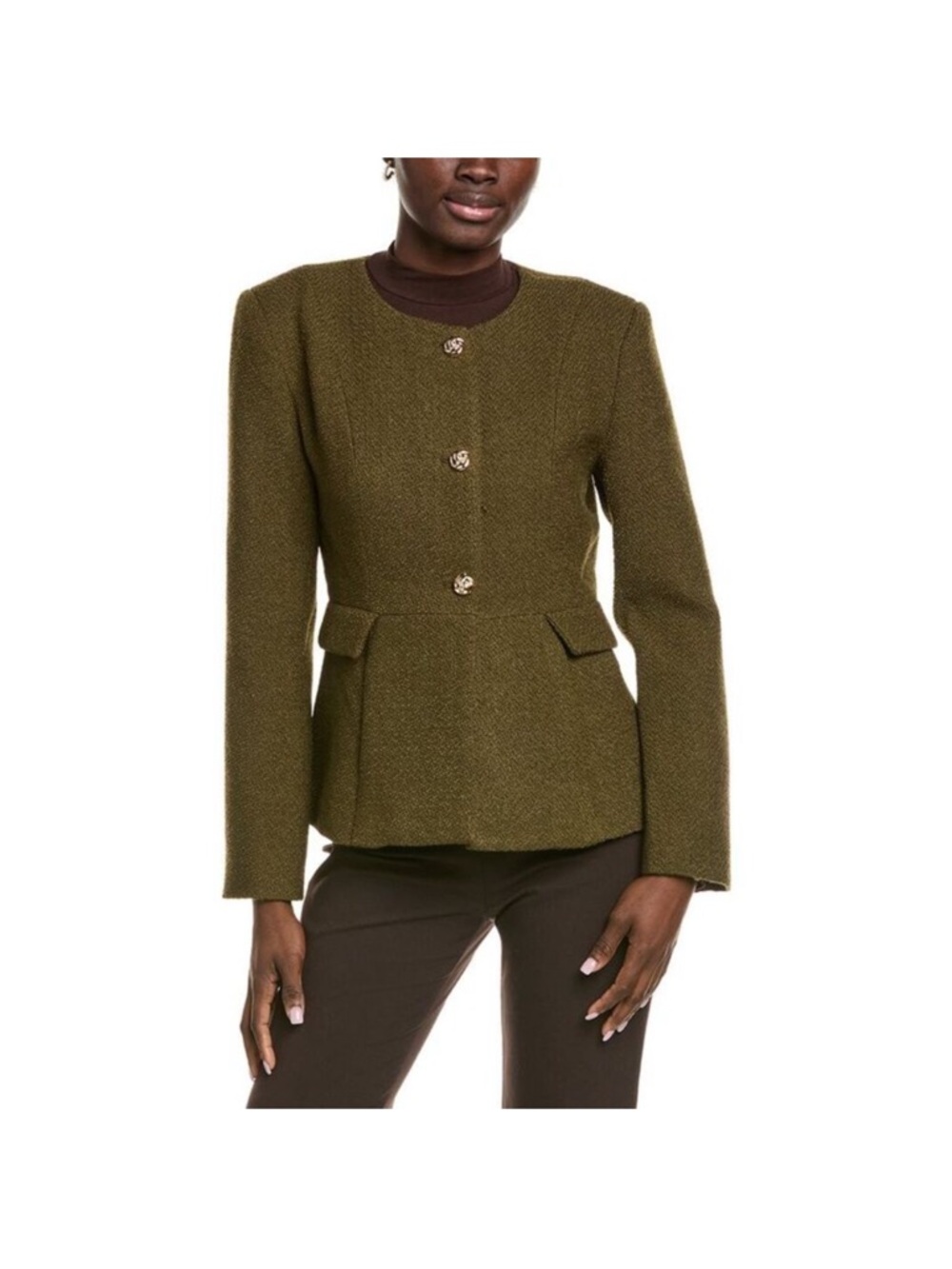 Endless Rose Olive Green Round Neck Blazer with Gold Buttons